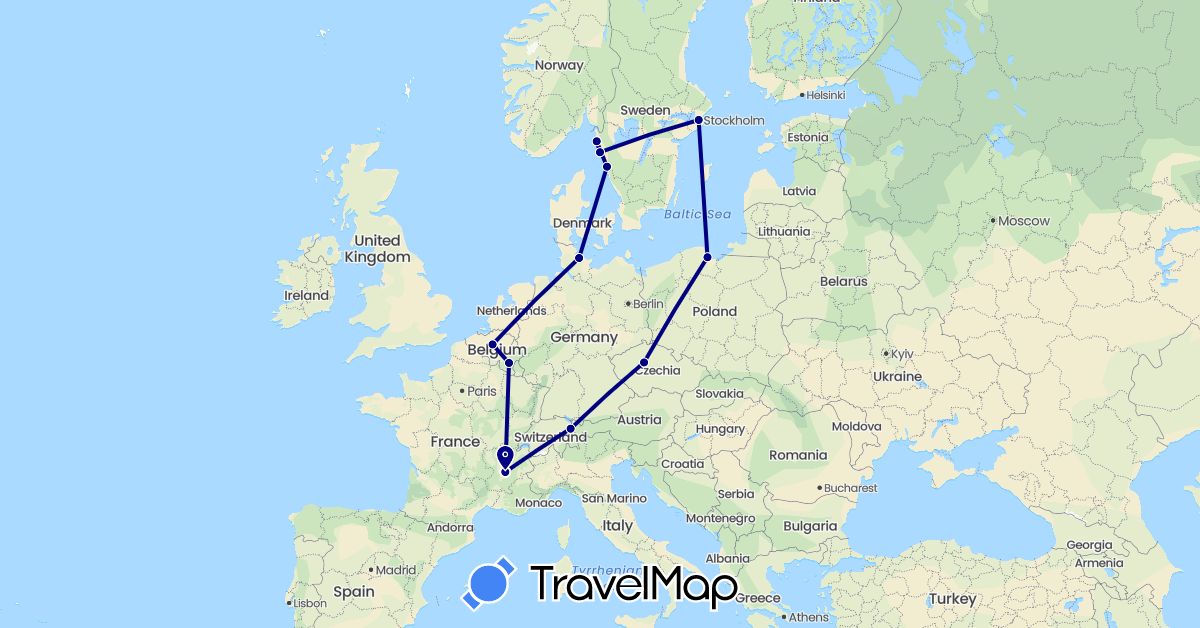 TravelMap itinerary: driving in Belgium, Czech Republic, Germany, France, Liechtenstein, Poland, Sweden (Europe)